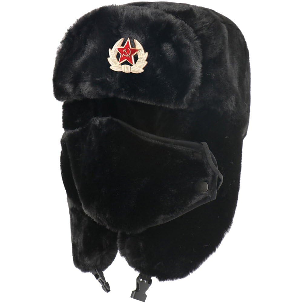 Sanfly Unisex Black Soviet Badge Lei Feng Hat Bomber Hat Russia Hats Rabbit Snow Caps Thicken Ear Flap Hat Trapper Hats For Outdoor