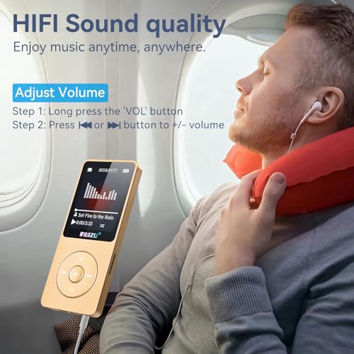 Image of RUIZU 64GB MP3 Player with Bluetooth 5.3, Portable Music Player for Sports Running, FM Radio, Voice Recorder, Equalizer, Digital Audio Shuffle Resume Playback, Expanded 128GB Micro SD Card, Gold Tone