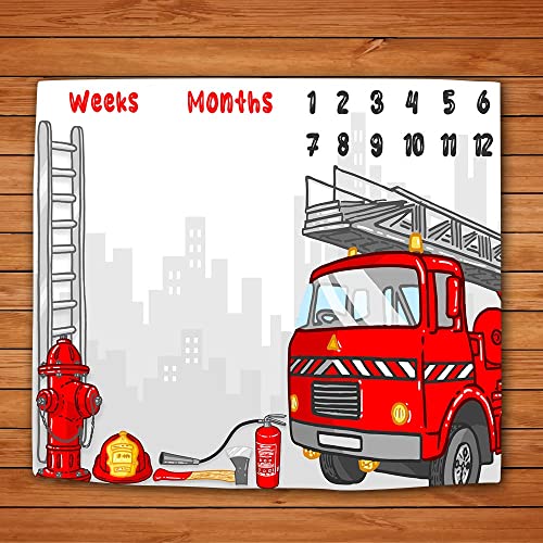 Image of LYLYCTY Baby Monthly Milestone Blanket, Red Fire Truck Firefighter Newborn Baby Photo Baby Memory Blanket Growth Chart, 48x40 Inch Polyester Fleece Swaddle Blanket