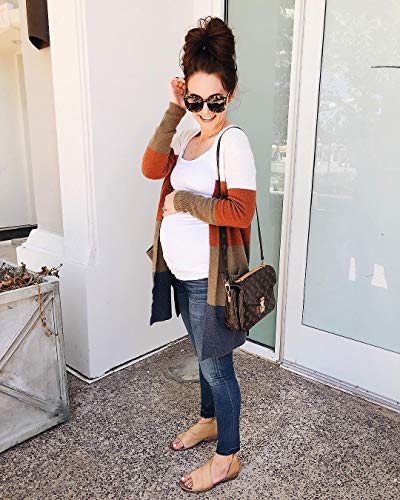 Image of ECOWISH Women Cardigan Sweaters Long Kimono Striped Long Sleeve Open Front Color Block Cozy Knitted Coat Outwear Winter Fall