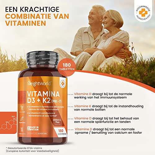 Vitamine D3 en K2 tabletten - 2000 IE + 75 mcg - Vitamine K Menachinon MK7 en Vitamine D - 180 vegetarische tabletten - Image 3