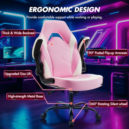Image of Sweetcrispy Computer Video Game Desk Chair - Ergonomic Comfy Lumbar Support, PU Leather with Flip-up Armrest, Height Adjustable and 360Swivel, for Adults, White Pink