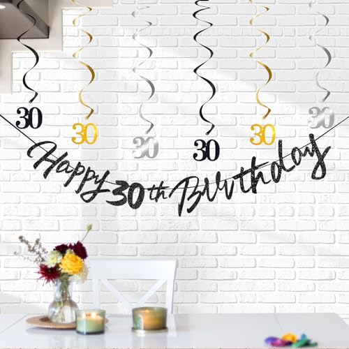 Image of 30th Birthday Decorations for Boys Swirls Streamers Set, Hanging Vortex Happy 30th Birthday Banner for Girls, Black and Gold 30 Birthday Decor Party Bunting