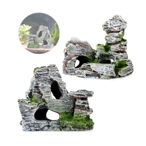 2pcs Decoración de la Cueva Acuario de la Roca con la Hierba Verde de los Pescados de Ocultación de Camarón,100% Sguro para la Dcoracion de Tanque de Pez