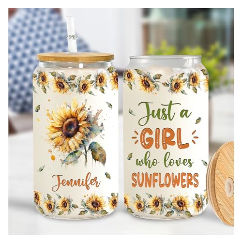 Hyturtle Personalized Glass Can Cup Gifts For Sunflower Lover - Custom Name Glass Cup 16 Oz For Her With Lids And Straws - Ideal Cute Floral Gifts For Women, Girls, Daughters On Birthday Christmas