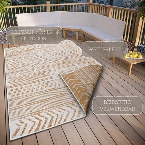 Hanse Home Northrugs Biri In- & Outdoor Wendeteppich - Flachgewebe, Boho Design, ÖKO-TEX, Wetterfest & UV-beständig für Balkon, Terrasse, Garten - Ocker, 80x150cm