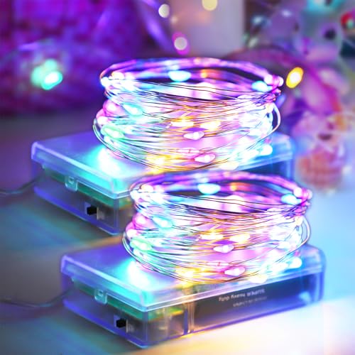 YAOZHOU Easter Decorations Pastel Fairy String Lights Indoor Battery Operated Powered with Timer 2 Pack Total 33FT 100 Led Mini Mason Jar Waterproof Firefly Lights for Garland DIY Party