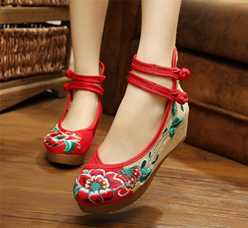 Qianmome Women's Chinese Floral Hibiscus Embroidery Strappy Round-Toe Platform Wedges Canvas Mary Jane Shoes2