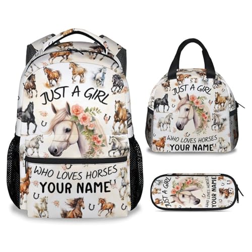 Personalized Student Backpack Sets for Kids - Set of 3 Horse Schoolbag Matching Combo for Girls - Elementary Bookbag and Pencil Case Bundle