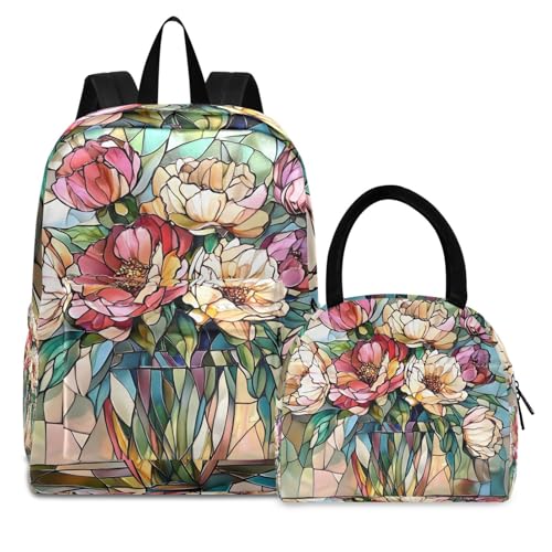 Backpack Lunch Bag Set Stained Glass Flower Print, Big Storage Travel Backpacks with Insulated Lunch Box for Office Hiking Picnic