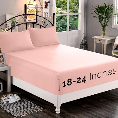 Elegant Comfort 1500 Premium Quality Fitted Sheet Ultra Soft 18-24 Inch Extra Deep Pocket - Single Fitted Sheet for High Mattress - Wrinkle Free with Smart Storage Pockets, Full, Blush