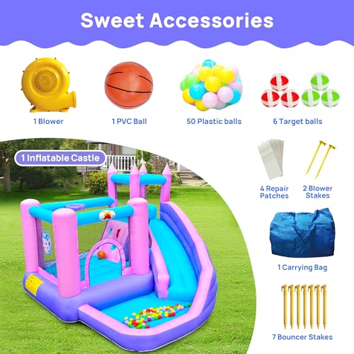 WELLFUNTIME Inflatable Bounce House with Slide, Kids Jumping Castle with Blower, Ball Pit, Climbing Wall, Dartboard, Basketball Hoop, 108x122x86 Inch