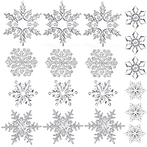 EASTVIO Clear Acrylic Crystal Snowflakes Christmas Hanging Decoration for Xmas Tree Decor Winter DIY Ornaments Set of 18 PCS Assorted Sizes 2/2.5/3/3.5/4 Inches