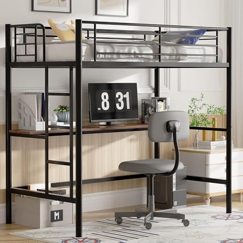 VECELO Loft Bunk Bed with Desk High Sleeper Bedframe 90×190cm with Removable Ladder and Safety Guardrail Space-Saving Noise Free No Box Spring Needed Black