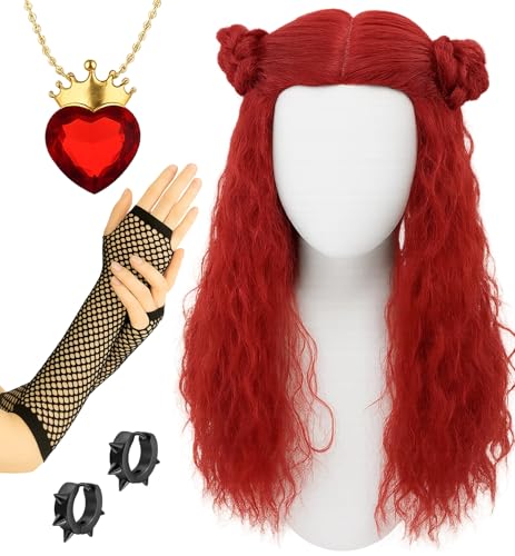 Swooflia Red Curly Wig for Women & Cosplay Accessories - Convenient Set Includes Adjustable Wig Cap, Necklace, Earings, Sleeve, Cosplay Wig for Halloween, Costume, Party and Daily Use (W24)