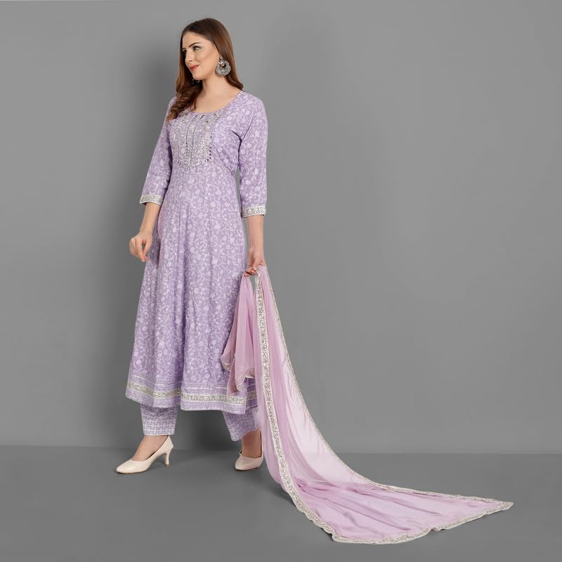 Image of NASRO Women's Viscose Rayon Printed Embroidered Round Neck 3 /4th Sleeves Anarkali Kurta & Pant Suit Set /Salwar Suit Set (Purple)