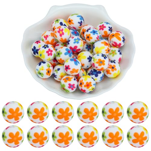 WEWAYSMILE 20 Pcs 15mm Silicone Beads Bulk Printed Silicone Focal Beads for Pens DIY Bracelets Necklaces Lanyards Beaded Craft Supplies（Cherry Blossoms）