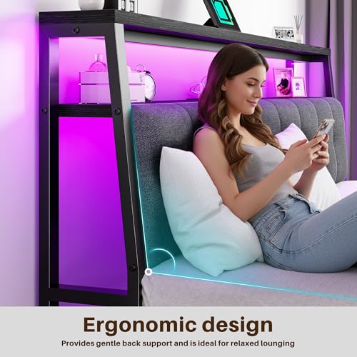 Image of Homkdom King Bed Frame,Upholstered Storage Headboard,Charging Station,Black | LED Linghts, 12 inch Under-Bed Storage,2 Three-prong Outlet&2 USB, Noise-Free, Quick Assembly, Supports up to 1100 lbs