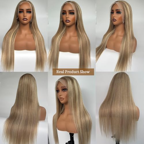 Image of Belaved Ombre Blonde Lace Front Wigs Human Hair, 13x6 Highlights Ash Brown to Blond Lace Frontal Wig Human Hair, 180% Density Straight 30 Inch HD Lace Front Wigs for Women, Pre Plucked With Baby Hair