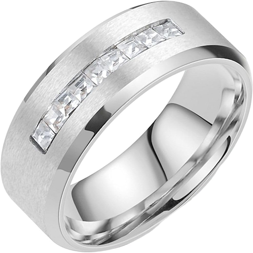 Jewelers 8mm Stainless Steel Princess Cut Stones Half Eternity Wedding Band Statement Ring