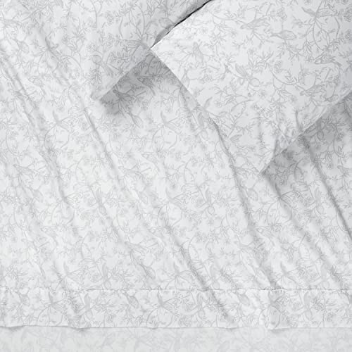 Chanasya Vintage Style Birds Botanical Toile Printed King Size Bed Sheet Set - 1 Flat 1 Fitted Sheet 2 Pillowcases - 4-Piece Ultra Soft Wrinkle Stain Resistant Luxurious Microfiber Sheets - Sage #TOP1