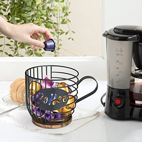 Coffee Pod Holder, Large Capacity Black Wire K Cup Holder And Espresso Pod Holder With Wooden Base, Coffee Pod Organizer Modern Coffee Basket Decor For Kitchen Countertop, Espresso Capsule Holder #TOP6