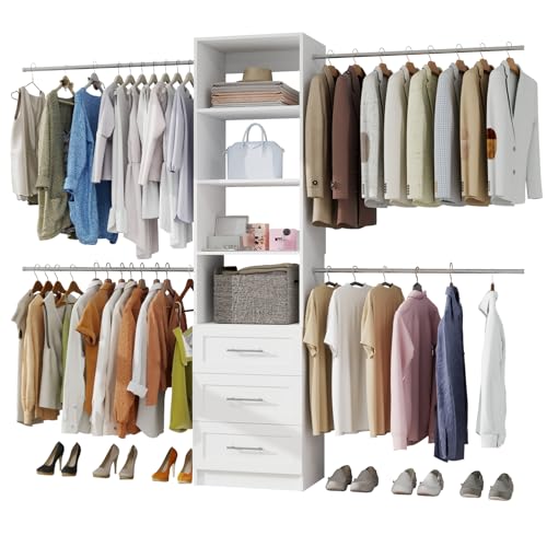 Closet System, 5FT-8FT Closet Organizer System with 4 Expandable Hanging Rods and Moveable Shelves, 99″ Walk in Closet System with 3 Wooden Drawers, Custom Built in Closet, Wall Mount