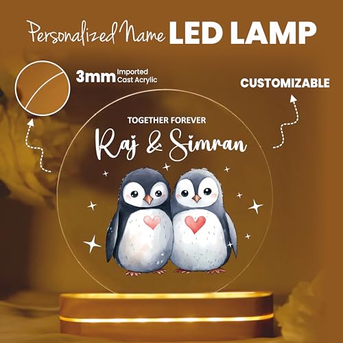 Image of PRINTHUA Plastic Personalized LED Night Table Lamp with Custom Name,Unique Gift for Women,Men,Kids,Girlfriend,Boyfriend,Husband,Wife,Perfect for Birthdays,& Special Occasions (Cute Penguin),Black