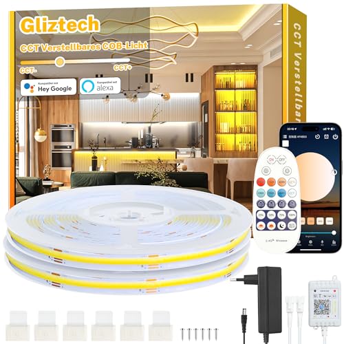 14M Cob Led Streifen Warmweiss Alexa Kompatibel, 3000K bis 6500K Led Strip Warmweiß bis Kaltweiß Dimmer, Ultraheller Led Band, Led Unterbauleuchte mit Fernbedienung und App für Küche, Schlafzimmer
