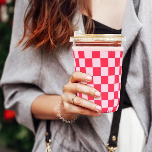 Image of Reusable Insulated Neoprene Iced Coffee Cup Sleeve, Durable Drink Sleeve for Cold Beverages, Beverage Holder for Iced Coffee (Pink Grid)