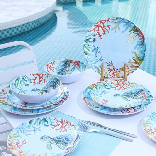 Image of 12-Piece Melamine Turtle Dinnerware Set, Ocean Plate and Bowl Sets