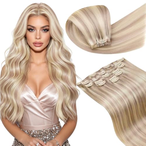 Image of LaaVoo Clip In Hair Extensions, For Special Occasion, 20 Inch | Blonde With Layered Highlights, 120g 7pcs, Clip On Extensions Human Hair, Smooth, Natural Shine