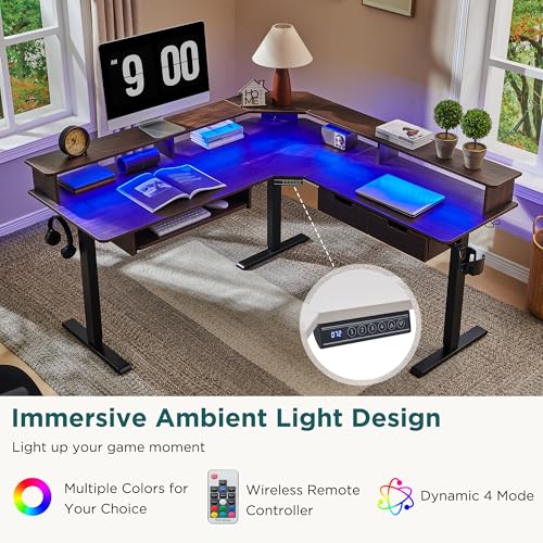 Image of RedLemon 60 Inches L Shaped Electric Standing Desk, Height Adjustable Corner Gaming Desk with Drawers, Keyboard Tray, Power Outlets & LED Lights, Computer Desk with Monitor Shelf, Dark Walnut