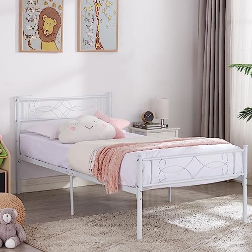 VECELO 14″ Twin Size White Metal Platform Bed Frame with Headboard,Premium Steel Slat Support/No Box Spring Needed/Noise-Free/Easy Assembly