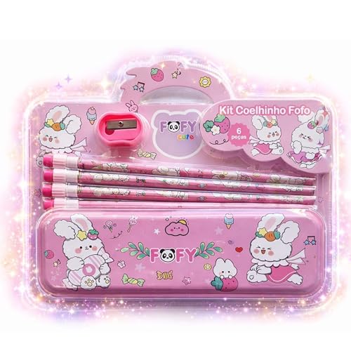 Kit Escolar Coelhinho Fofo Estojo Metal Rosa Lápis Borracha Apontador