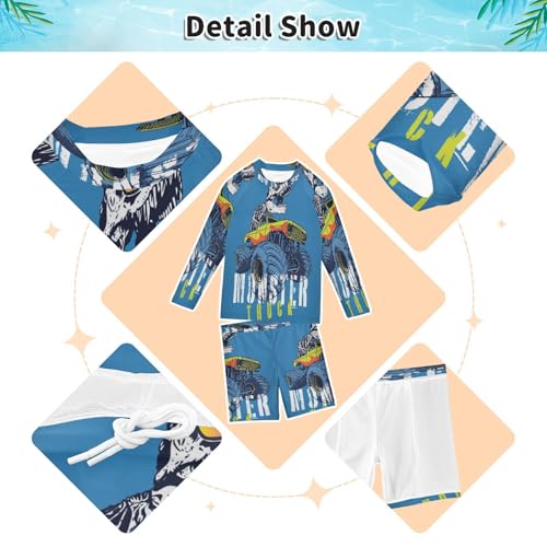 4T Swimsuit Boys Rash Guard Swim Set Cool Dinosaur Monster Truck 2 Piece Long Sleeve Boys Bathing Suit Blue Dino Car Swimwear Sunsuit Swim Trunk for Kids Beach4