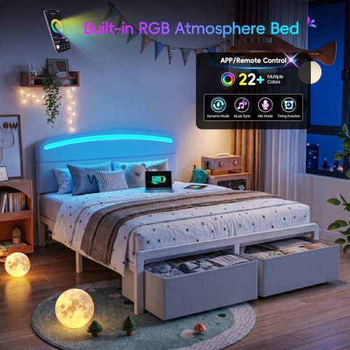 Homkdom Full Size Bed Frame with Upholstered Headboard, USB-C & LED, Beige - image 6