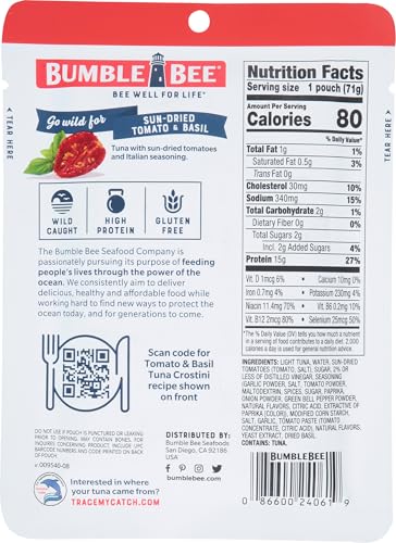 Image of Bumble Bee Sun-Dried Tomato & Basil Seasoned Tuna, 2.5 oz Pouch - Ready to Eat - Wild Caught Tuna Packet - 15g Protein per Serving - Gluten Free (Pack of 4)