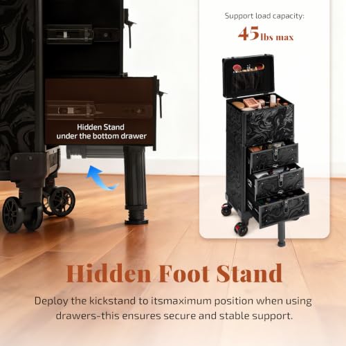 Image of Rolling Makeup Train Case with Drawers Cosmetology Case on Wheels | 4 in 1 Large Cosmetic Organizer for Hairstylist,Makeup Artist Nail Trolley Cart Salon Storage Traveling Cart Trunk