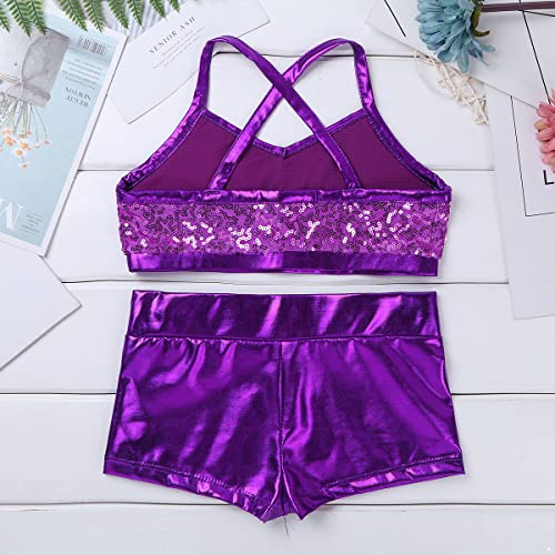 Girls 2-Piece Dance Outfit Sequins Crop Tops and Shorts for Ballet Sports Workout Gymnastics Training4