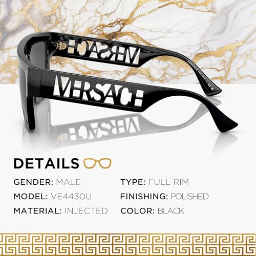 Versace VE4430U 53mm Non-Polarized Rectangle Sunglasses for Men – Black Injected Frame with Black Temples, 100% UV Protection, Lightweight & Comfortable Sunglasses, eShades Eyewear Kit Included2