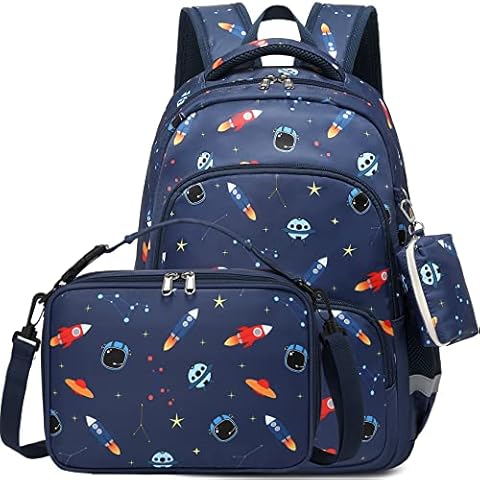 MIRLEWAIY Kids Backpack Set Boys Space Rocket School Bag Multipocket Bookbag with Insulated Lunch Box and Coin Pouch, 15.7 inch Dark Blue Rocket Cover