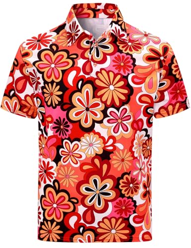 COSAVOROCK Polo anos 70 hippie homem camisas anos 60 80s hippy flores golfe manga curta, Flores vermelhas, Médio