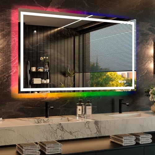Image of WTTY LED Bathroom Mirror 60 inchx36 inch with RGB Backlit and Front Light,Stepless Dimmable LED Mirror for Bathroom,Lighted Bathroom Vanity Mirror,Anti-Fog,Memory Function,Shatter-Proof,Wall Mounted