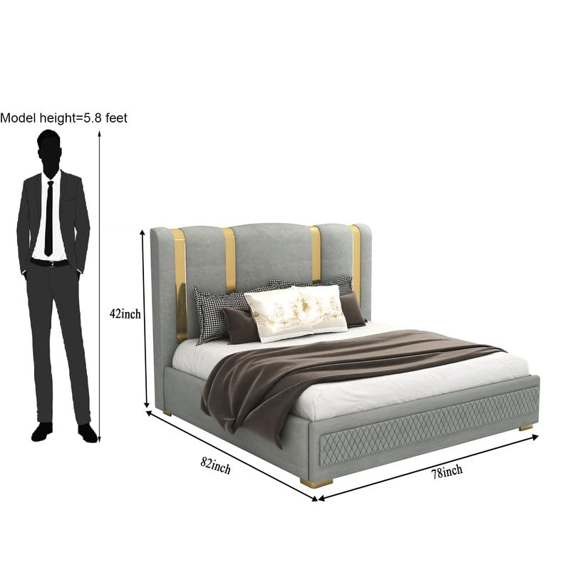Image of STRATA FURNITURE Solid Wood King Size Bed with Box Storage and Upholstered Headboard | Modern Wooden Double Bed Cot Palang Furniture for Bedroom, Hotels, Living Room, and Home (Grey)
