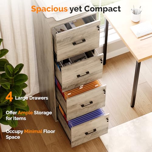 Image of VINGLI 4 Drawer File Cabinet with Lock, Home Office Filing Organizer, for Letter Size File Folder Storage, Wood Tall Vertical Filing Cabinet, Printer Stand, Archivador (Rustic Gray)