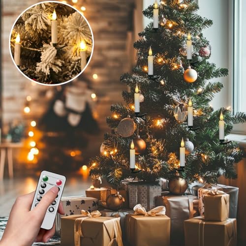 Image of Wondise Christmas Flameless Taper Candle Christmas Tree Candle Lights Battery Operated Candles with Remote & Timer, 10pcs Set Flameless Flickering LED Candles for Christmas Holiday Home Garden Decor