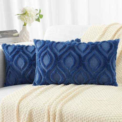 Image of decorUhome Fall Throw Pillow Covers 12x20 Inch Set of 2, Soft Plush Faux Wool Dark Blue Solid Couch Pillow Covers, Accent Farmhouse Neutral Rectangle Pillow Cases for Sofa Bed Living Room