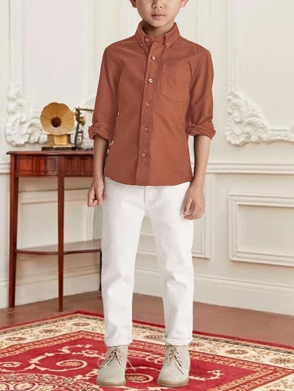 Boys' Long Sleeve Dress Shirts Classic Collared Button-Down Tshirt Solid Cotton Top with Chest Pocket - Image 3