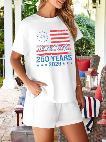 Image of VILOVE 4th of July 2 Piece Sequin Outfits Women 250 Anniversary Usa Shirts and Short Sets Casual Patriotic Shirt Summer Set